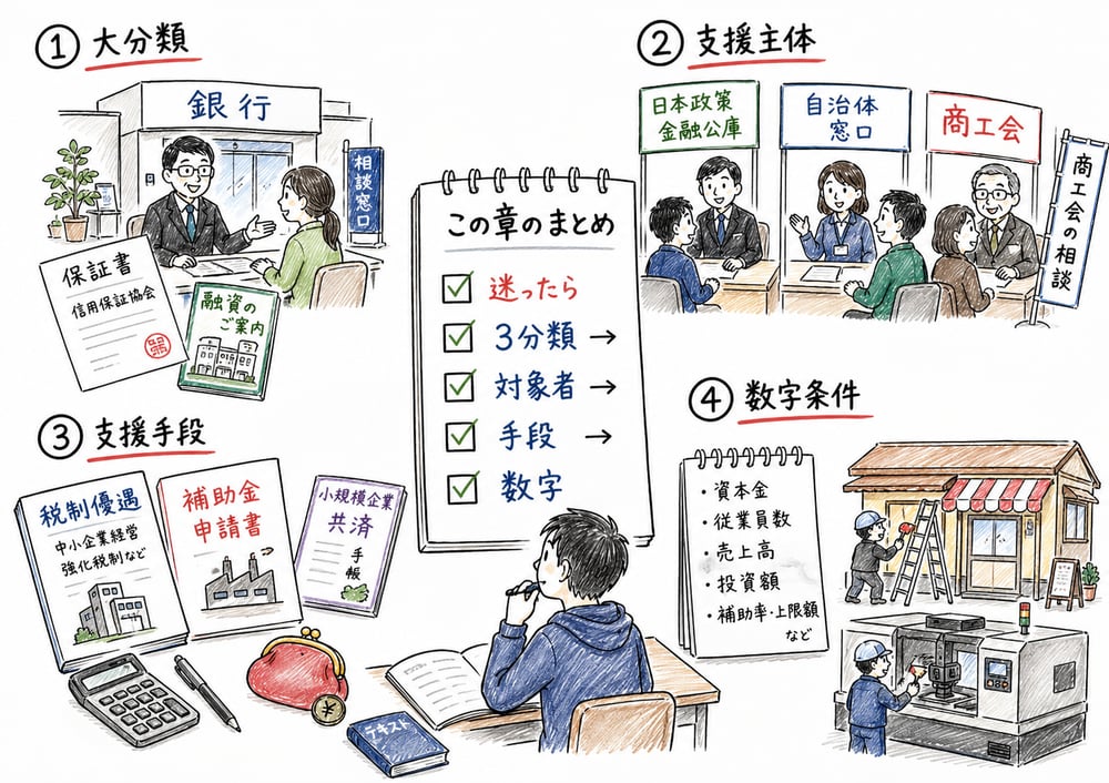 迷ったら3分類、対象者、支援主体、支援手段、数字条件の順で確認する章末まとめ図解