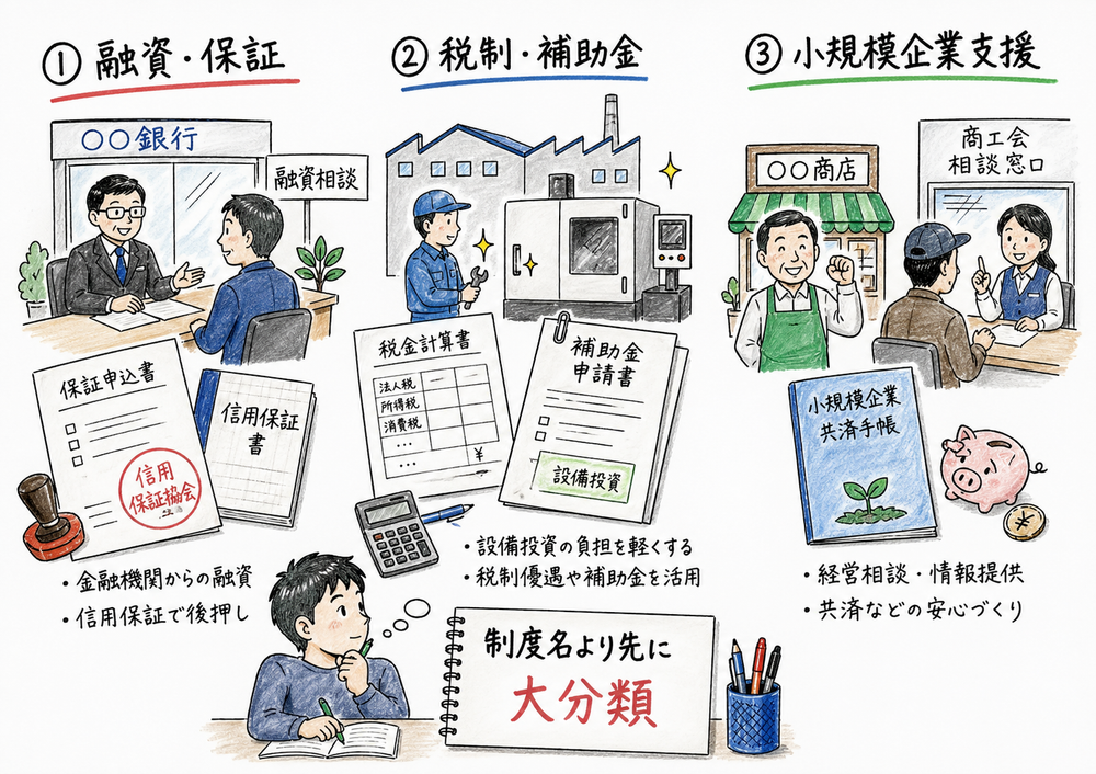 制度名より先に融資・保証、税制・補助金、小規模企業支援の3分類へ戻す図解