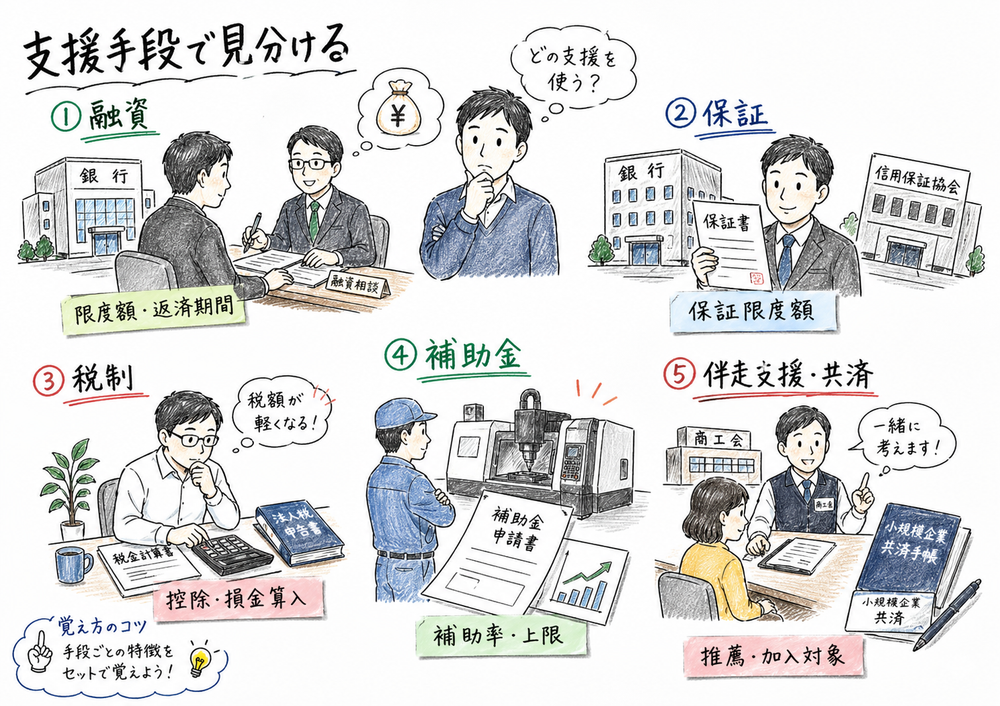 融資、保証、税制、補助金、伴走支援・共済の違いを具体場面で見分ける図解