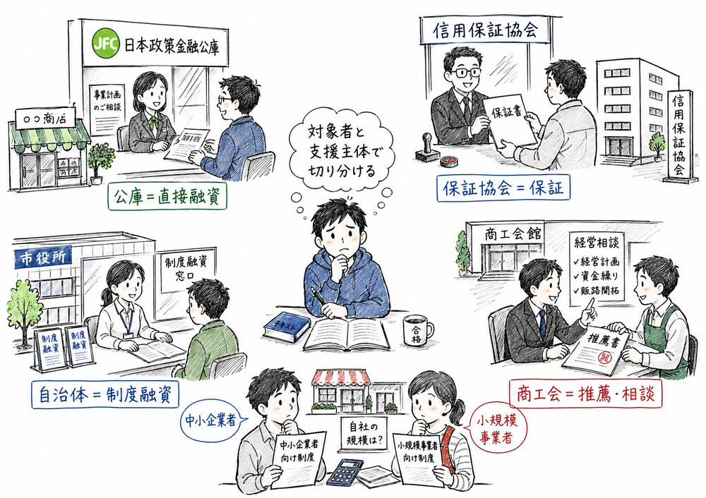 日本政策金融公庫、信用保証協会、自治体、商工会の役割と対象者の違いを切り分ける図解
