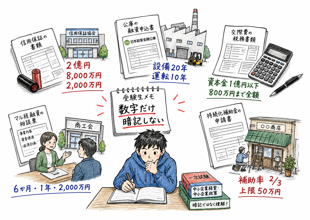 信用保証、公庫融資、交際費特例、持続化補助金、マル経融資の数字を制度名とセットで覚える図解