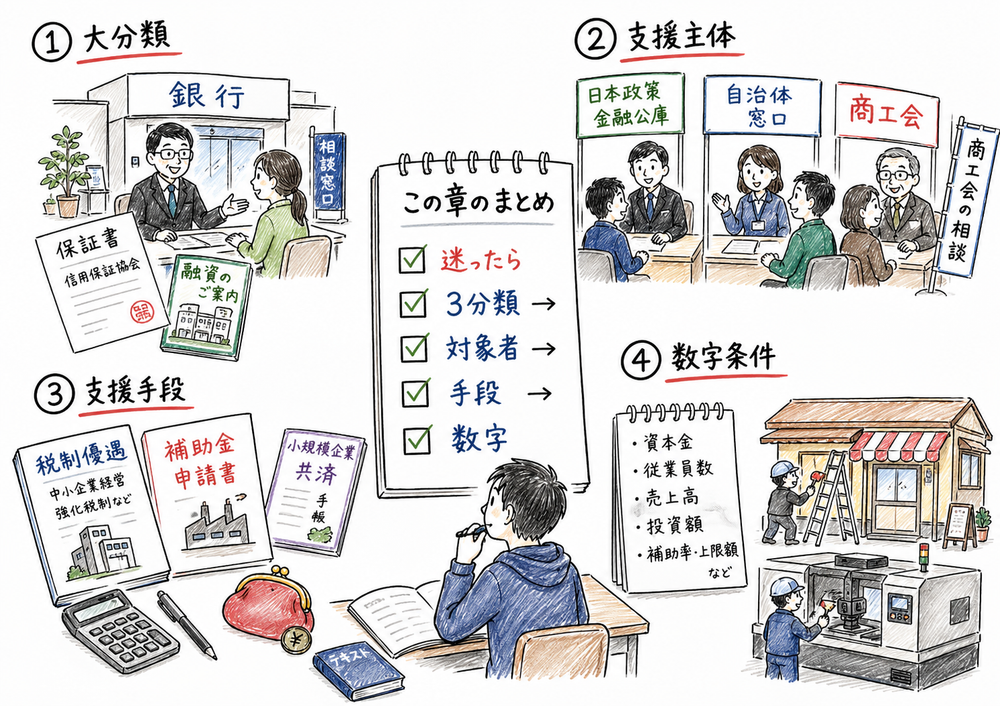 迷ったら3分類、対象者、支援主体、支援手段、数字条件の順で確認する章末まとめ図解
