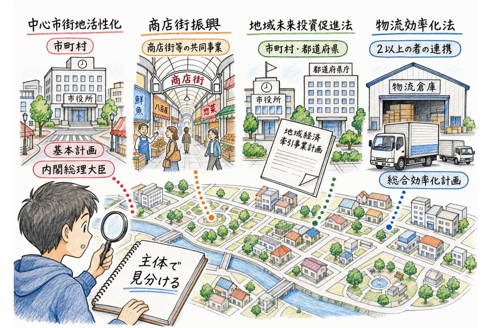 商業・地域サポート施策の全体像を主体と計画名で整理した手書き風図解