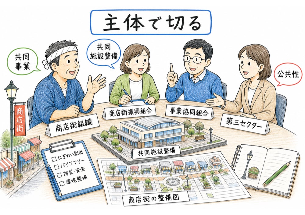 商店街支援で商店街組織、組合、第三セクターの違いを見分ける手書き風図解