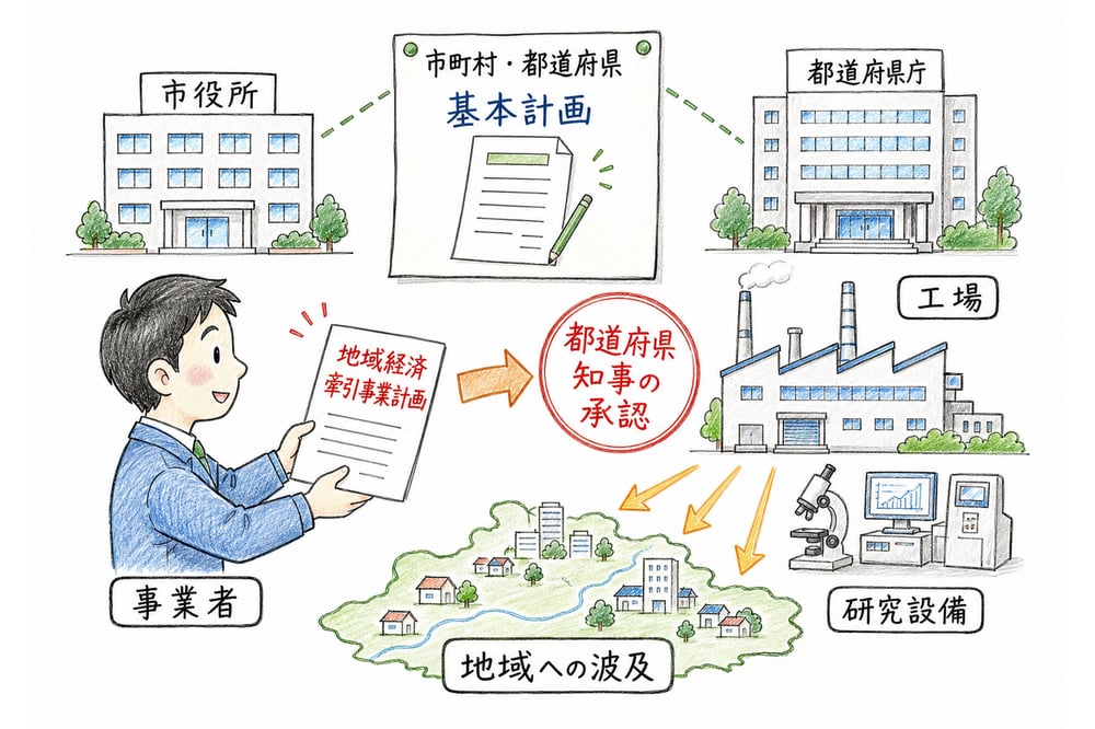 地域未来投資促進法の基本計画と地域経済牽引事業計画の関係を示す手書き風図解