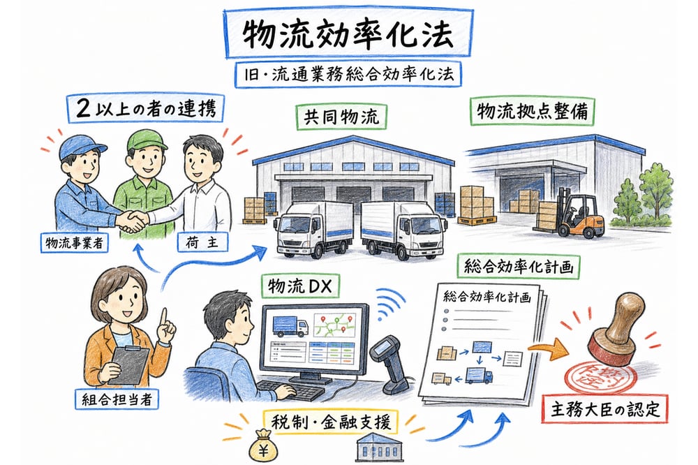 流通業務総合効率化法が共同物流と総合効率化計画で見分けられることを示す手書き風図解