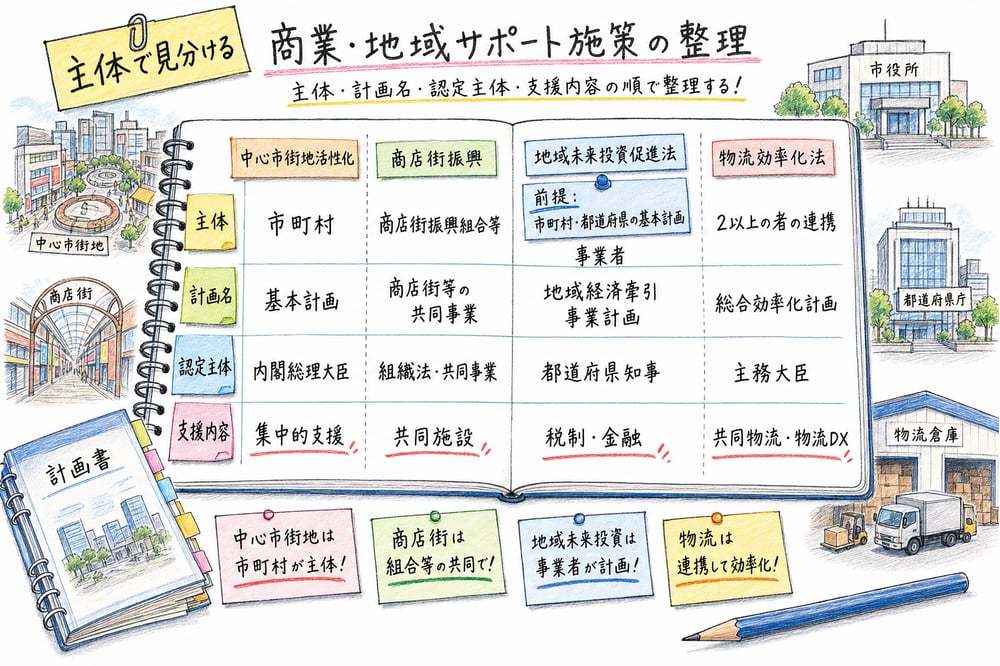 商業・地域サポート施策を対象、主体、計画名、支援内容で整理する手書き風図解