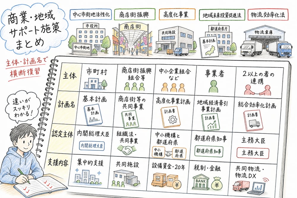商業・地域サポート施策の主要制度をまとめて復習する手書き風図解