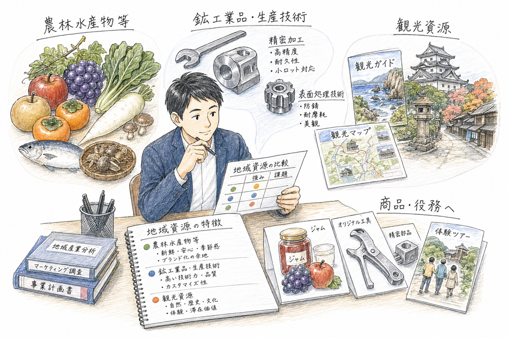 商業・地域サポート施策の全体像を主体と計画名で整理した手書き風図解