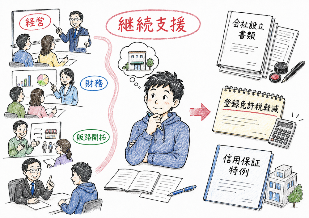 商店街振興が商店街全体の共同事業を支える施策であることを示す手書き風図解