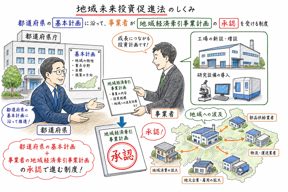 地域未来投資促進法の基本計画と地域経済牽引事業計画の関係を示す手書き風図解