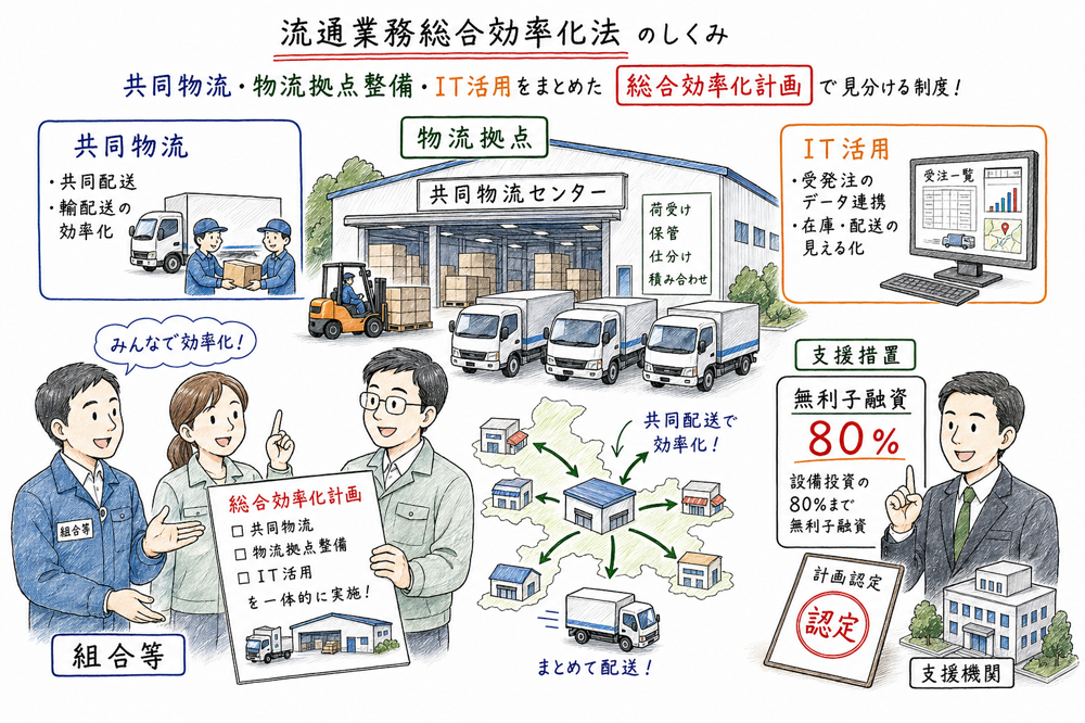 流通業務総合効率化法が共同物流と総合効率化計画で見分けられることを示す手書き風図解