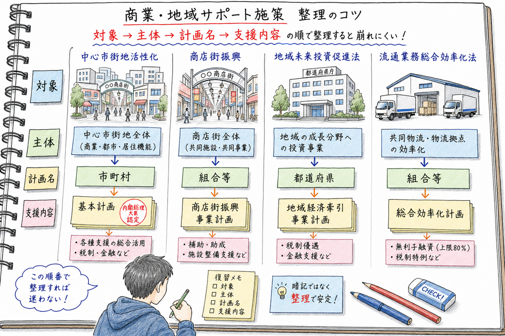 商業・地域サポート施策を対象、主体、計画名、支援内容で整理する手書き風図解