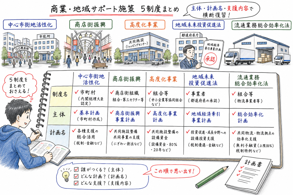 商業・地域サポート施策の主要制度をまとめて復習する手書き風図解