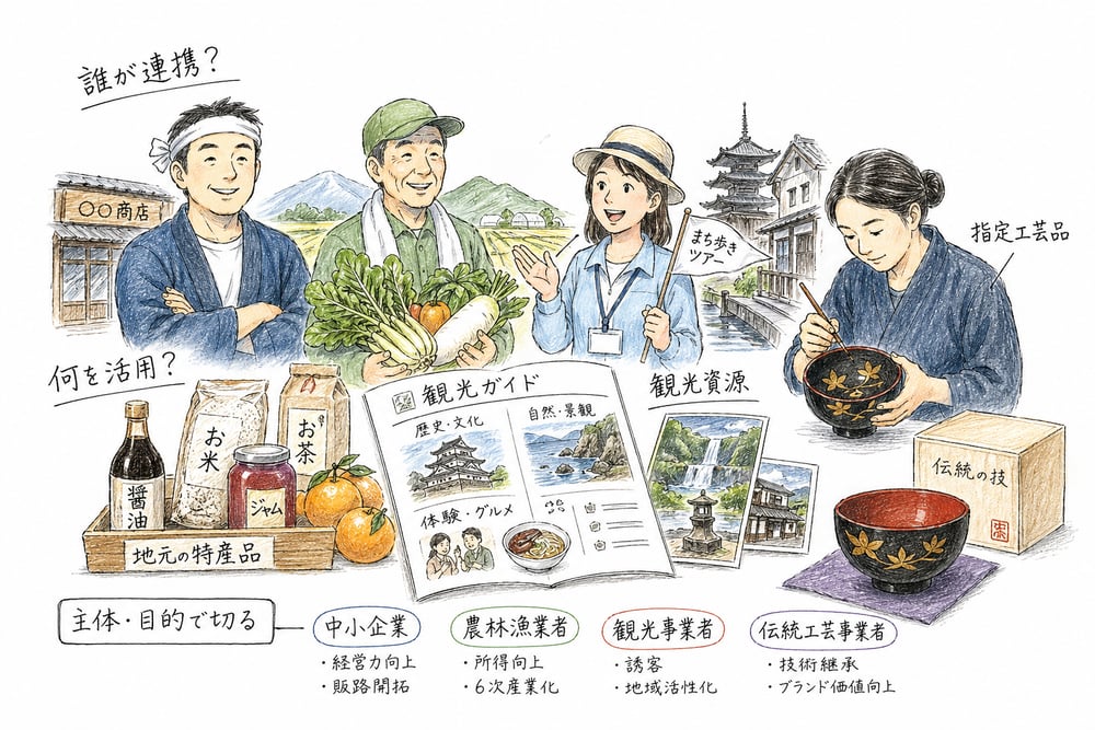 農商工連携、地域資源、観光、伝統的工芸品を主体と目的で見分ける章頭図解