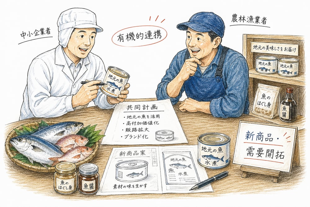 中小企業者と農林漁業者が共同計画で新商品開発に取り組む農商工連携の図解