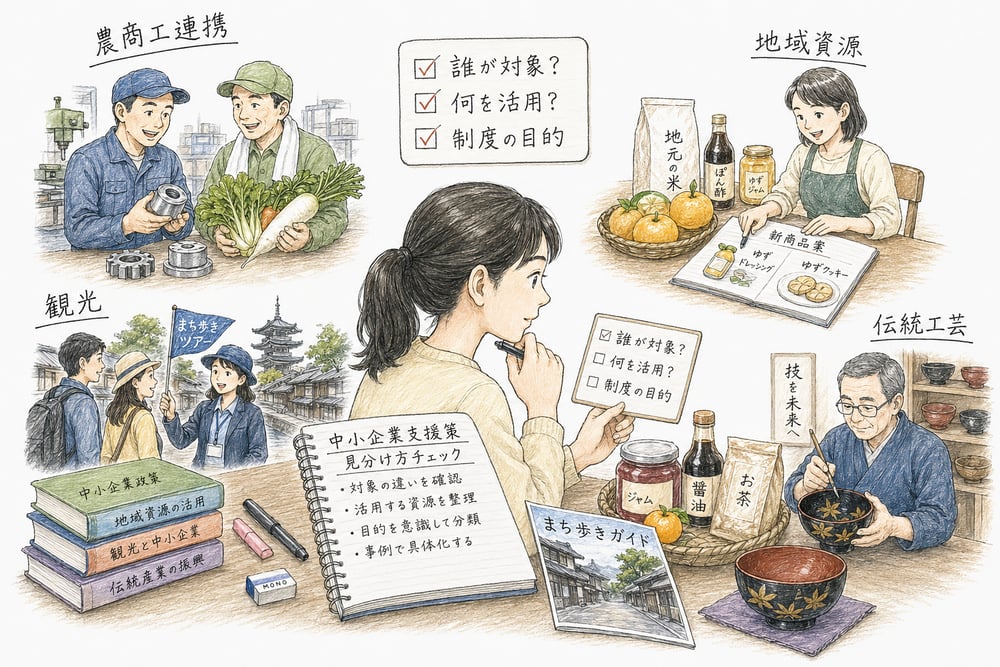 誰が対象か、何を活用するか、制度の目的の3点で4論点を確認する章末図解