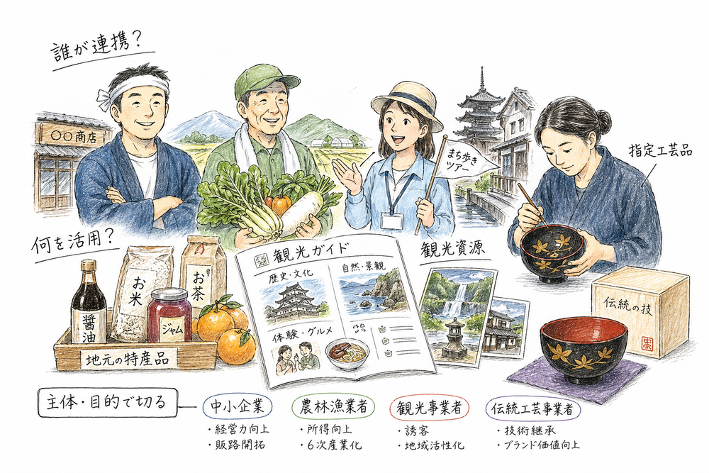 農商工連携、地域資源、観光、伝統的工芸品を主体と目的で見分ける章頭図解