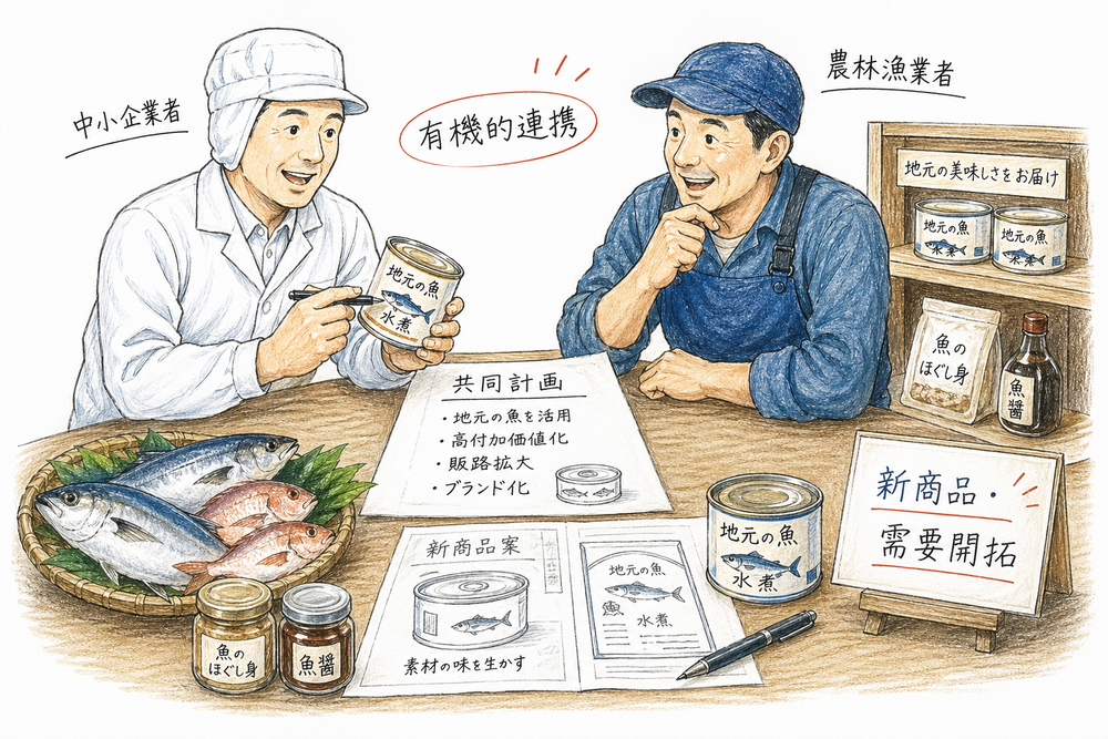 中小企業者と農林漁業者が共同計画で新商品開発に取り組む農商工連携の図解
