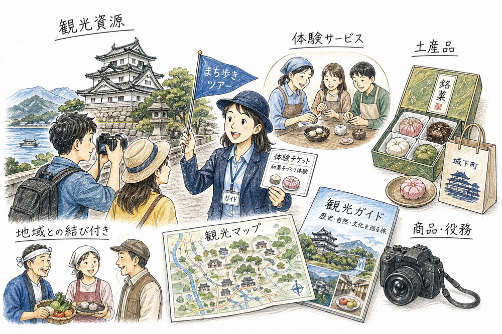 観光資源を使った体験サービスと土産品の両方を示す観光支援の図解