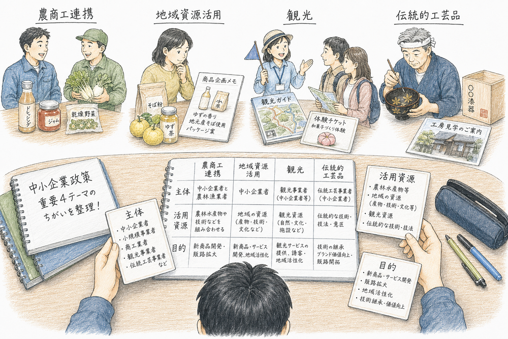 農商工連携、地域資源活用、観光、伝統的工芸品を比較しながら切り分ける図解