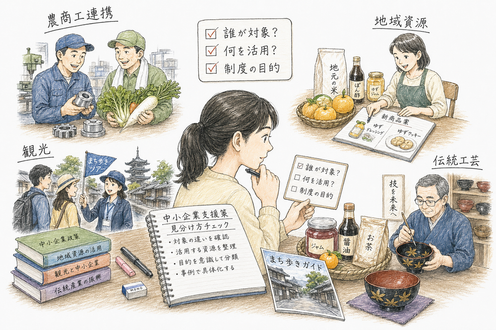 誰が対象か、何を活用するか、制度の目的の3点で4論点を確認する章末図解