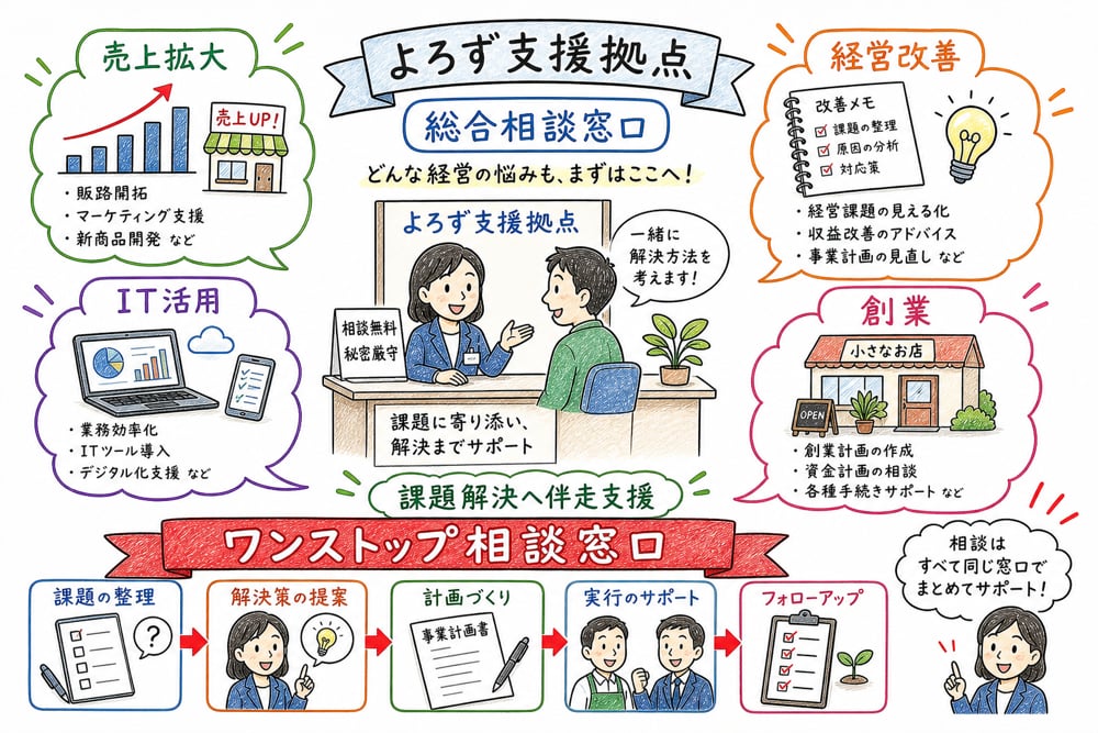 よろず支援拠点が無料のワンストップ総合相談窓口であることを示す図解