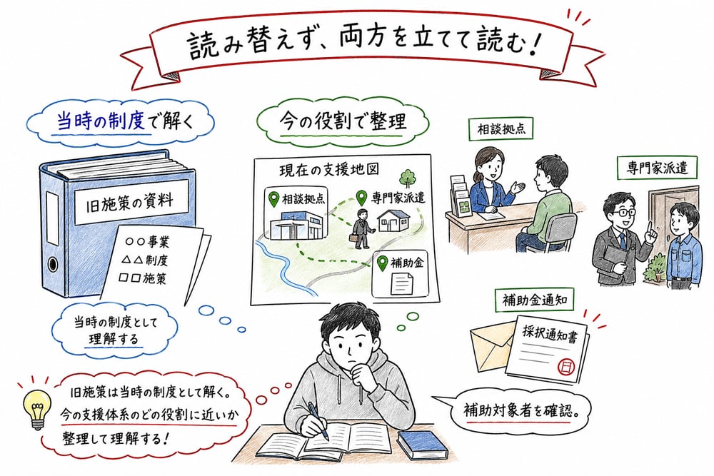 旧施策の問題を今の制度に機械的に読み替えず役割で整理する図解