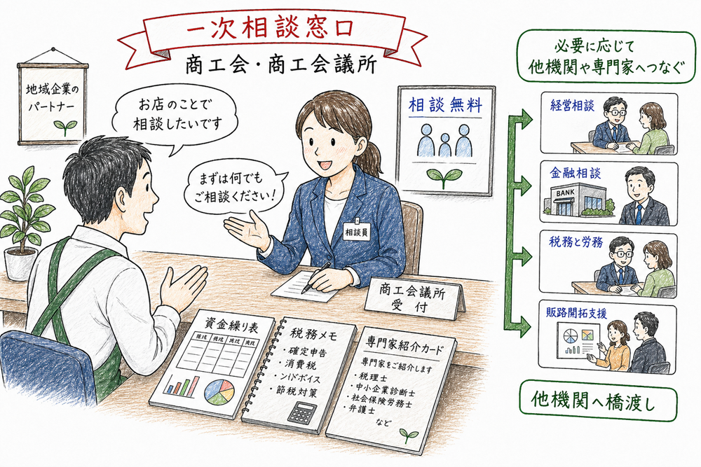 商工会と商工会議所が身近な一次相談窓口であることを示す図解
