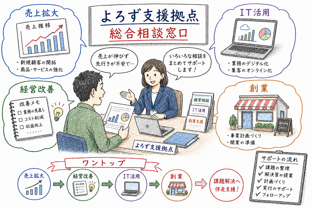 よろず支援拠点が無料のワンストップ総合相談窓口であることを示す図解