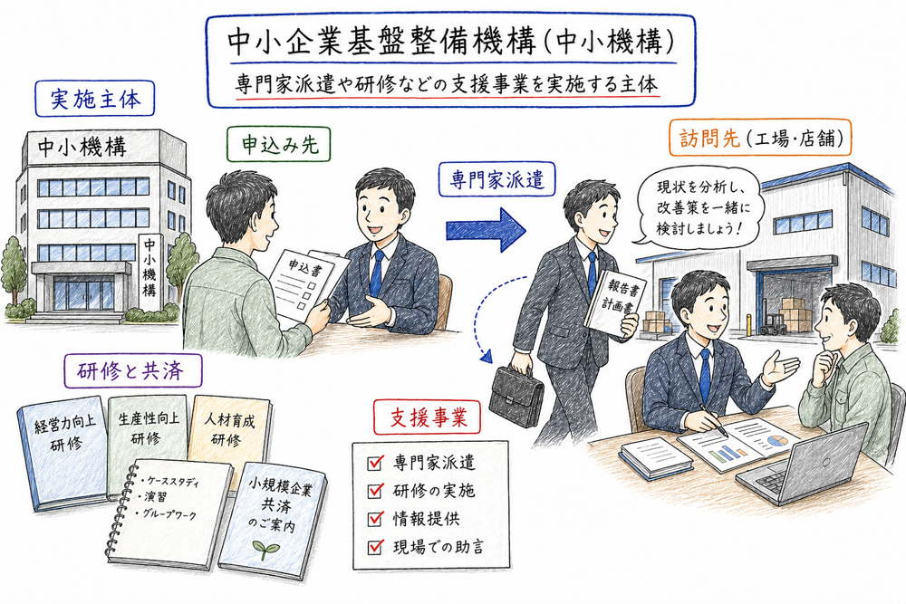 中小企業基盤整備機構が専門家派遣や支援事業の実施主体であることを示す図解
