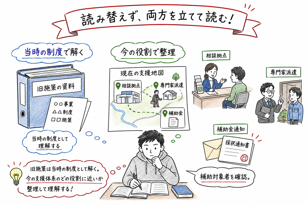 旧施策の問題を今の制度に機械的に読み替えず役割で整理する図解