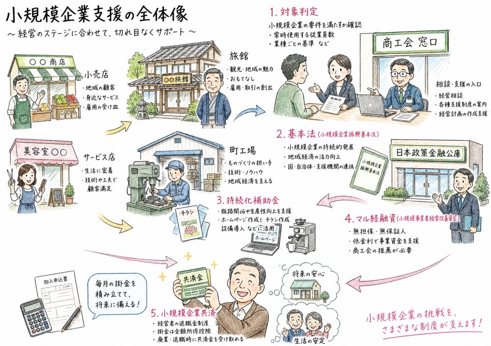 周辺施策を読むときに目的、対象者、相談窓口、申請先を先に整理する章頭図解