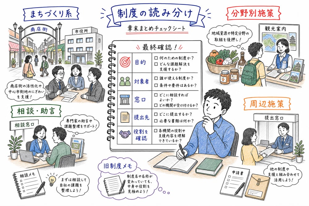 制度の目的、対象者、窓口、提出先、役割を最終確認する章末図解