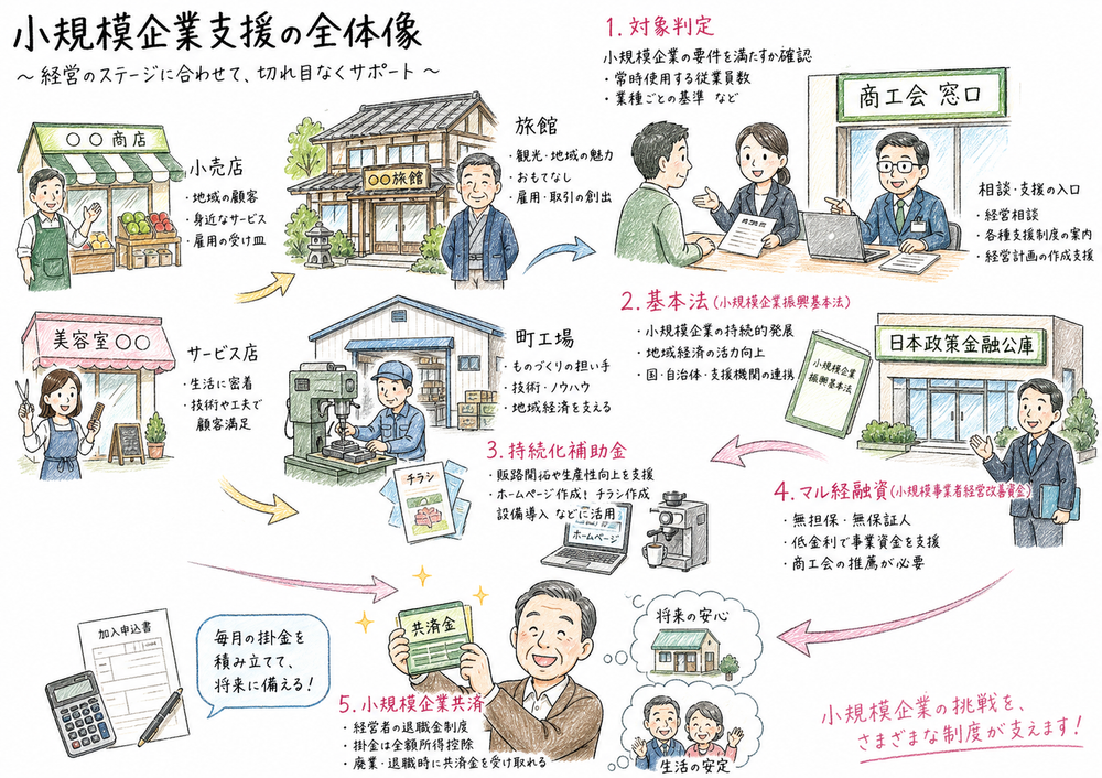 周辺施策を読むときに目的、対象者、相談窓口、申請先を先に整理する章頭図解