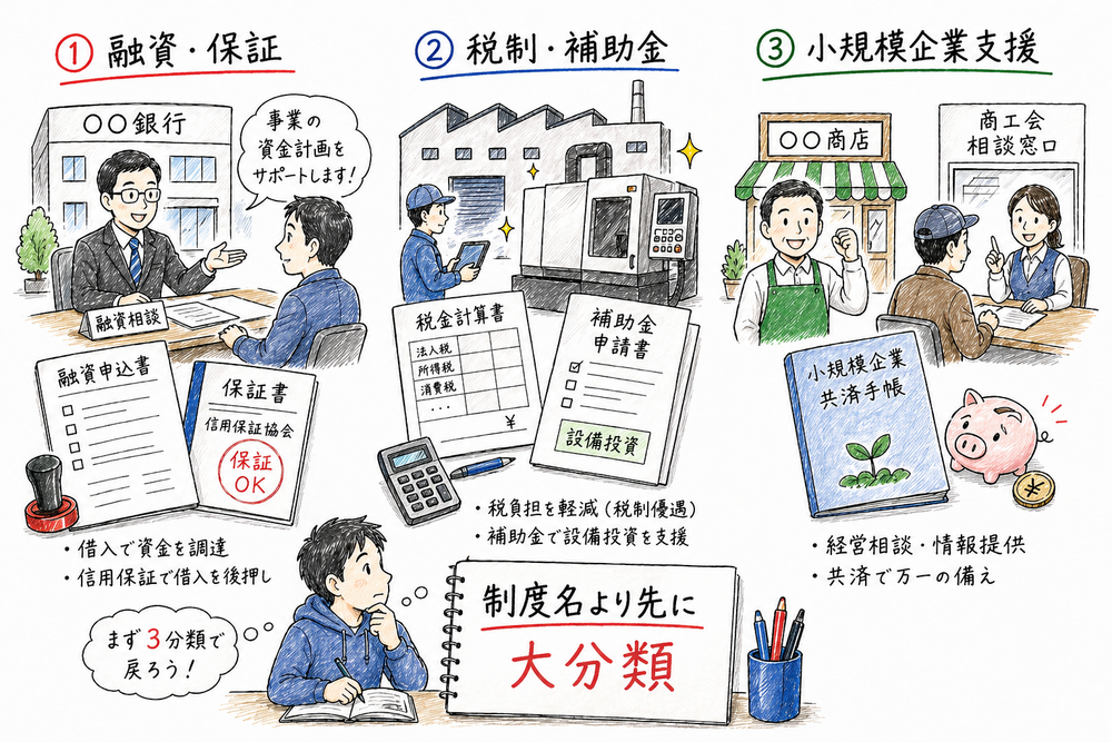 政策制度を目的、対象者、相談窓口、申請先の4つの軸で読む図解