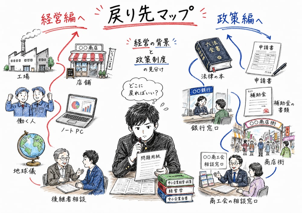 経営の背景と政策制度を見分け、戻り先を決める全体像を示す図解