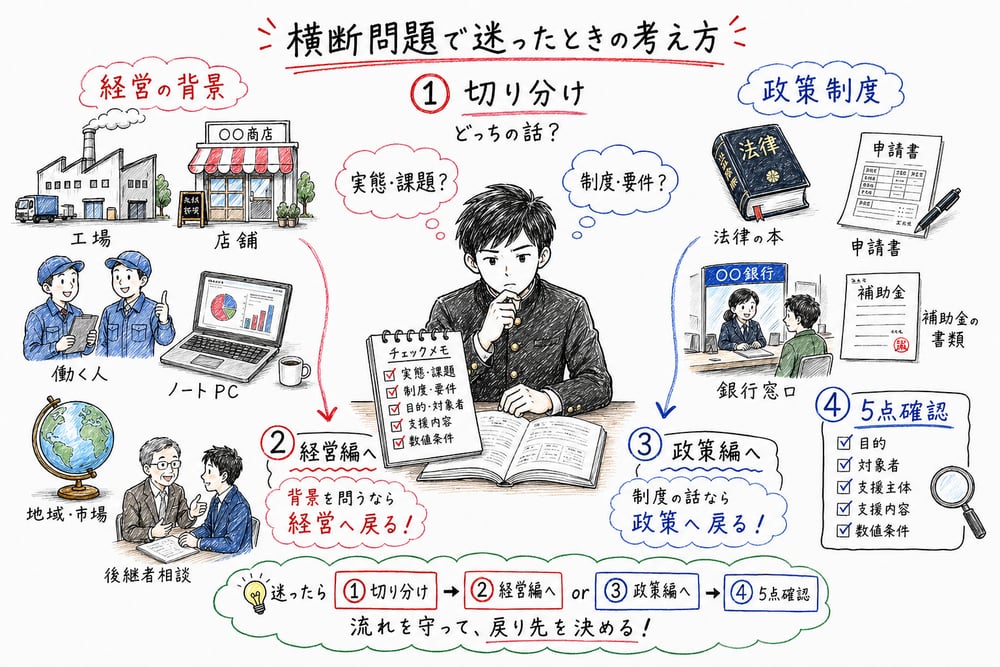 選択肢を経営の背景か制度要件かに切り分ける手順を示す図解