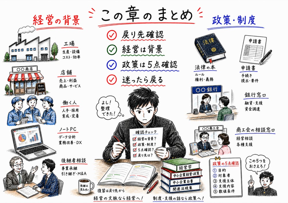 経営は背景、政策は5点確認、迷ったら戻るという章全体のまとめを示す図解