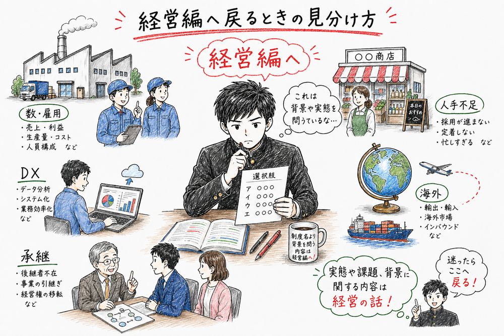 数や雇用、人手不足やDXなど経営の背景論点なら経営編へ戻ると示す図解