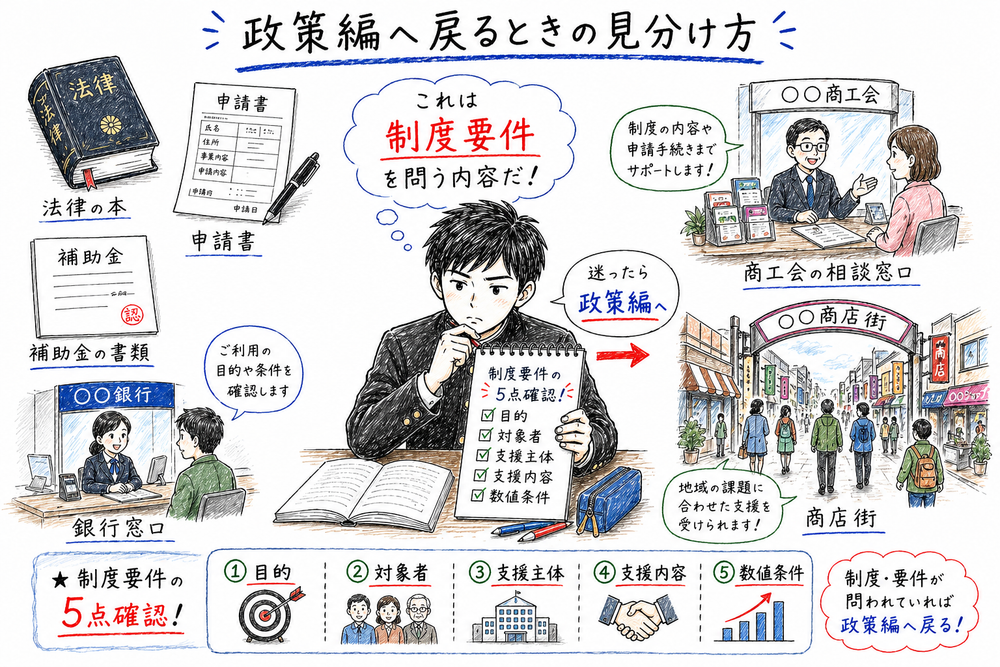 目的や対象者、支援主体など制度要件なら政策編へ戻ると示す図解
