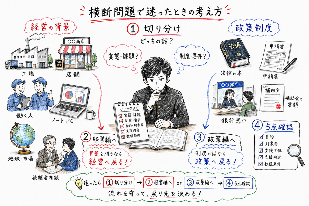 選択肢を経営の背景か制度要件かに切り分ける手順を示す図解