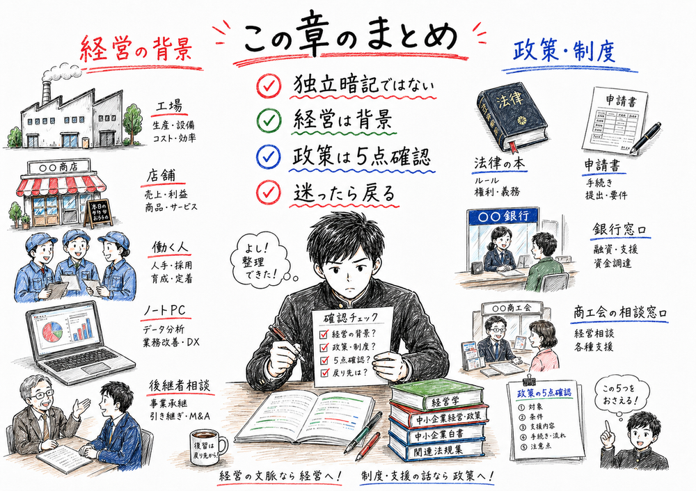 経営は背景、政策は5点確認、迷ったら戻るという章全体のまとめを示す図解