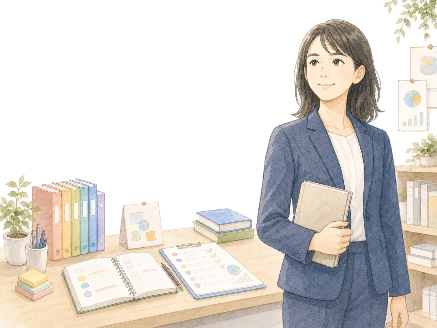 スーツ姿で立つ士業資格受験生のタブレット向け挿絵