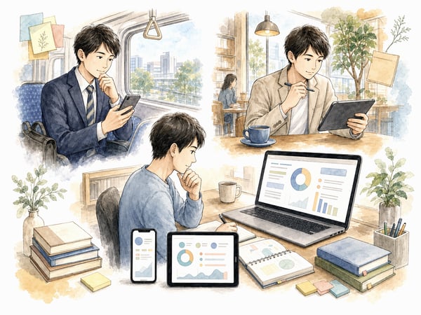 スマホ、タブレット、PCで資格試験の学習を続ける社会人受験生の挿絵