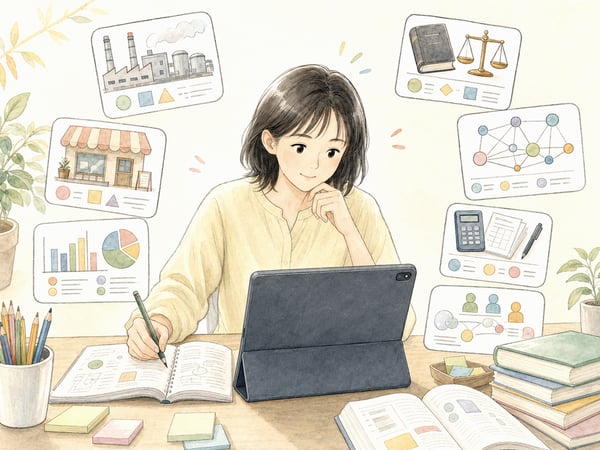 問題ごとの挿絵カードを見ながら理解を深める社会人受験生の挿絵
