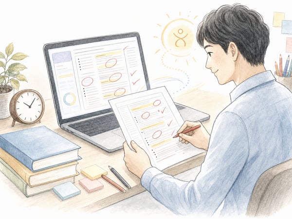 AI添削で二次試験の答案を振り返る社会人受験生の挿絵