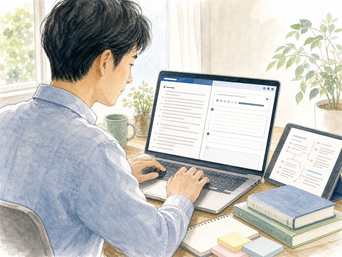 オンラインエディターで中小企業診断士二次試験の答案を作成する受験生のイラスト
