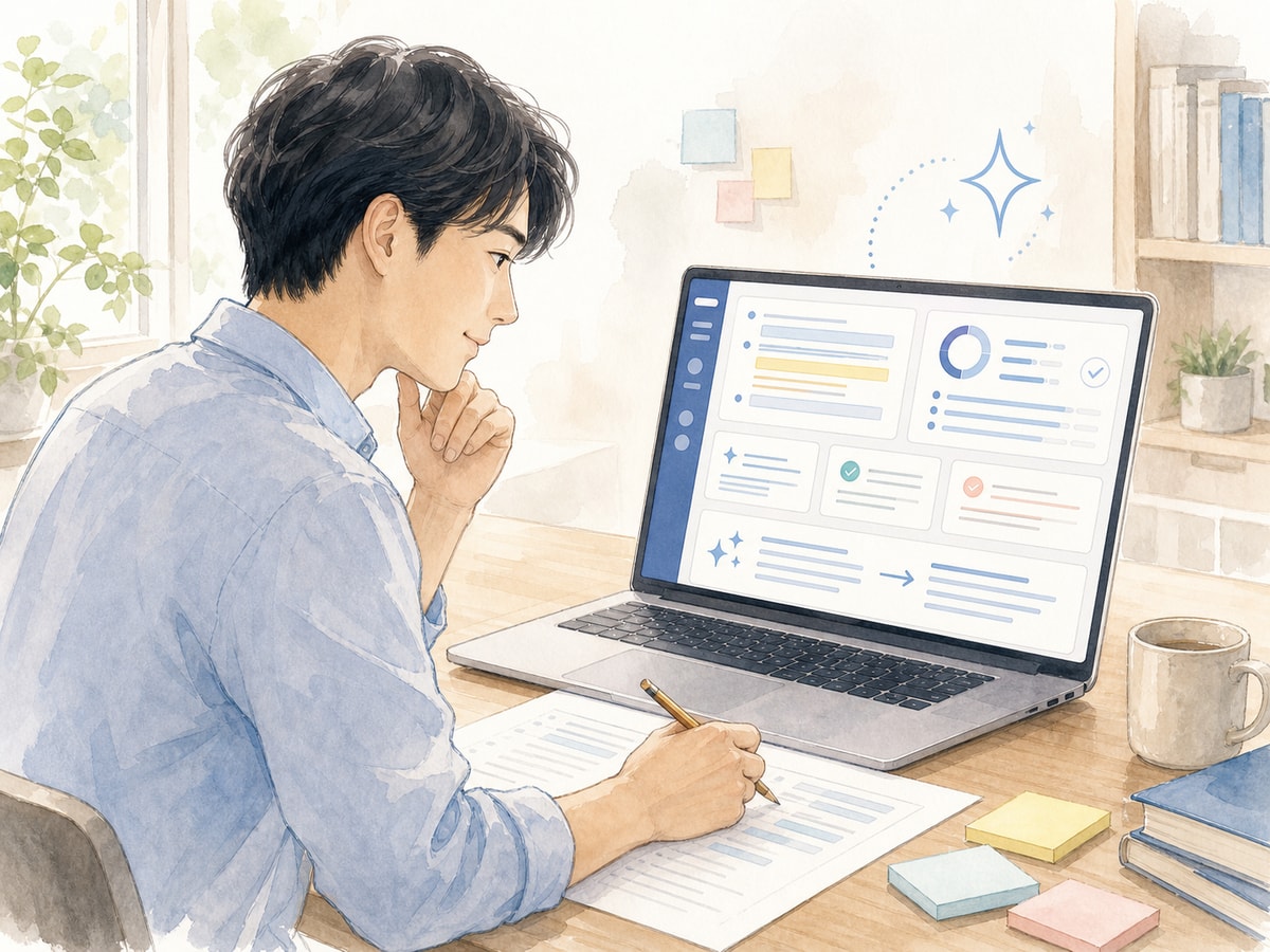 AI添削による答案の評価と改善提案を確認する受験生のイラスト