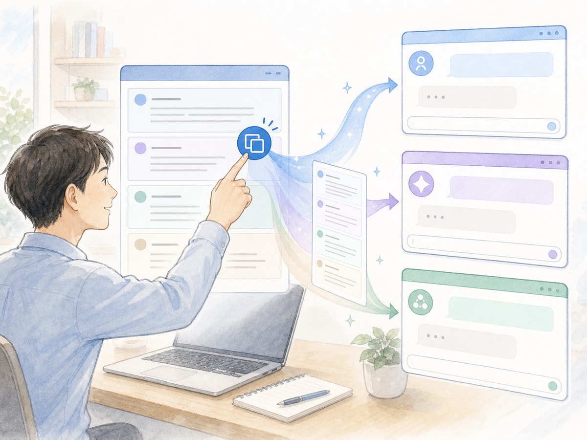 添削プロンプトをコピーして複数の外部AIへ共有する流れのイラスト